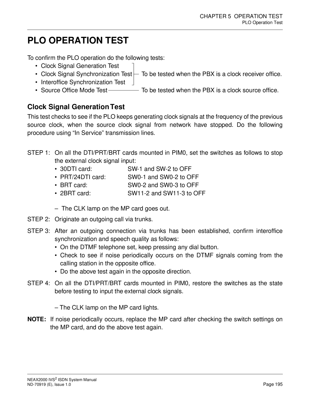 NEC ND-70919 system manual PLO Operation Test, Clock Signal Generation Test 