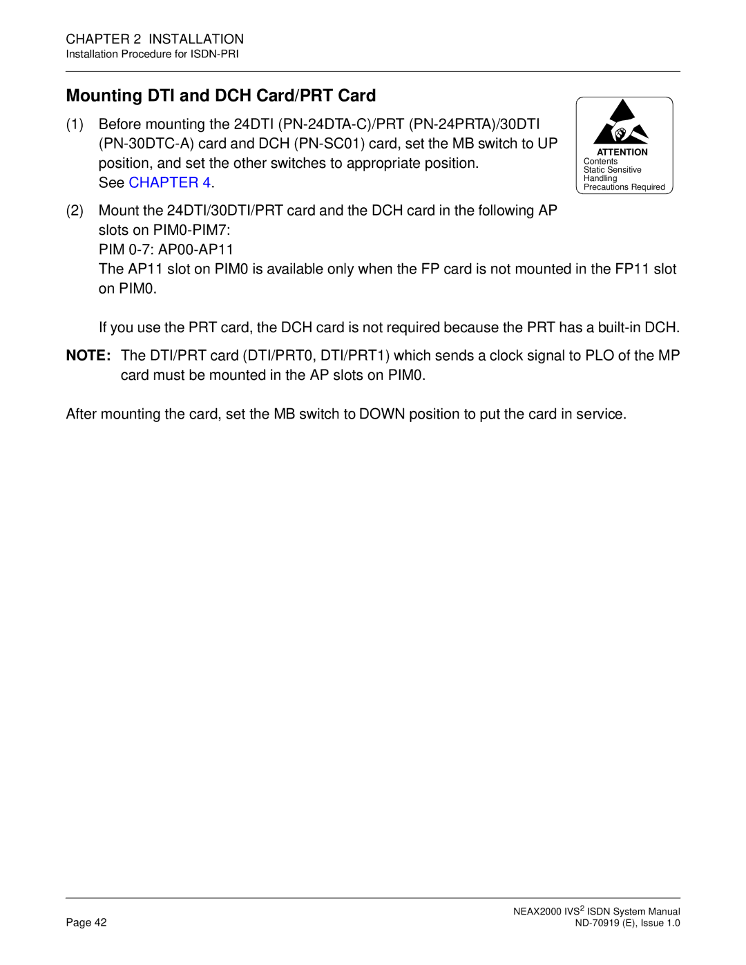 NEC ND-70919 system manual Mounting DTI and DCH Card/PRT Card, See Chapter 