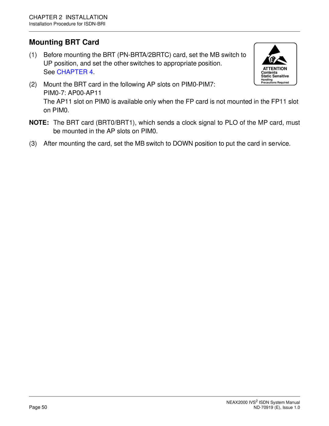 NEC ND-70919 system manual Mounting BRT Card 