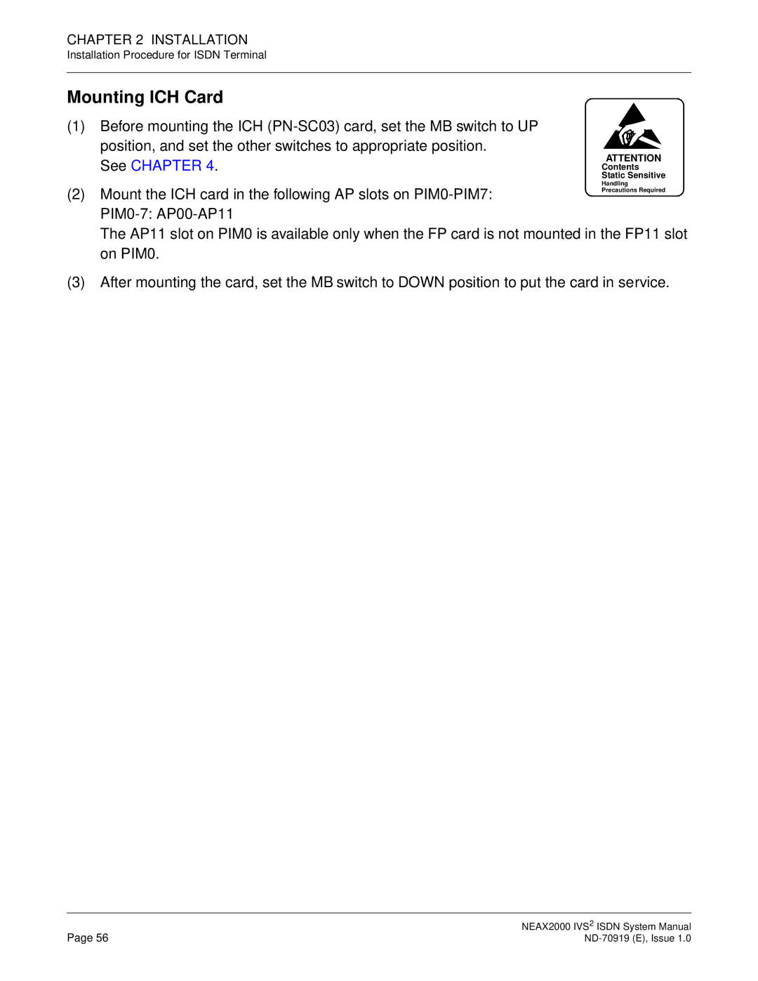 NEC ND-70919 system manual Mounting ICH Card 