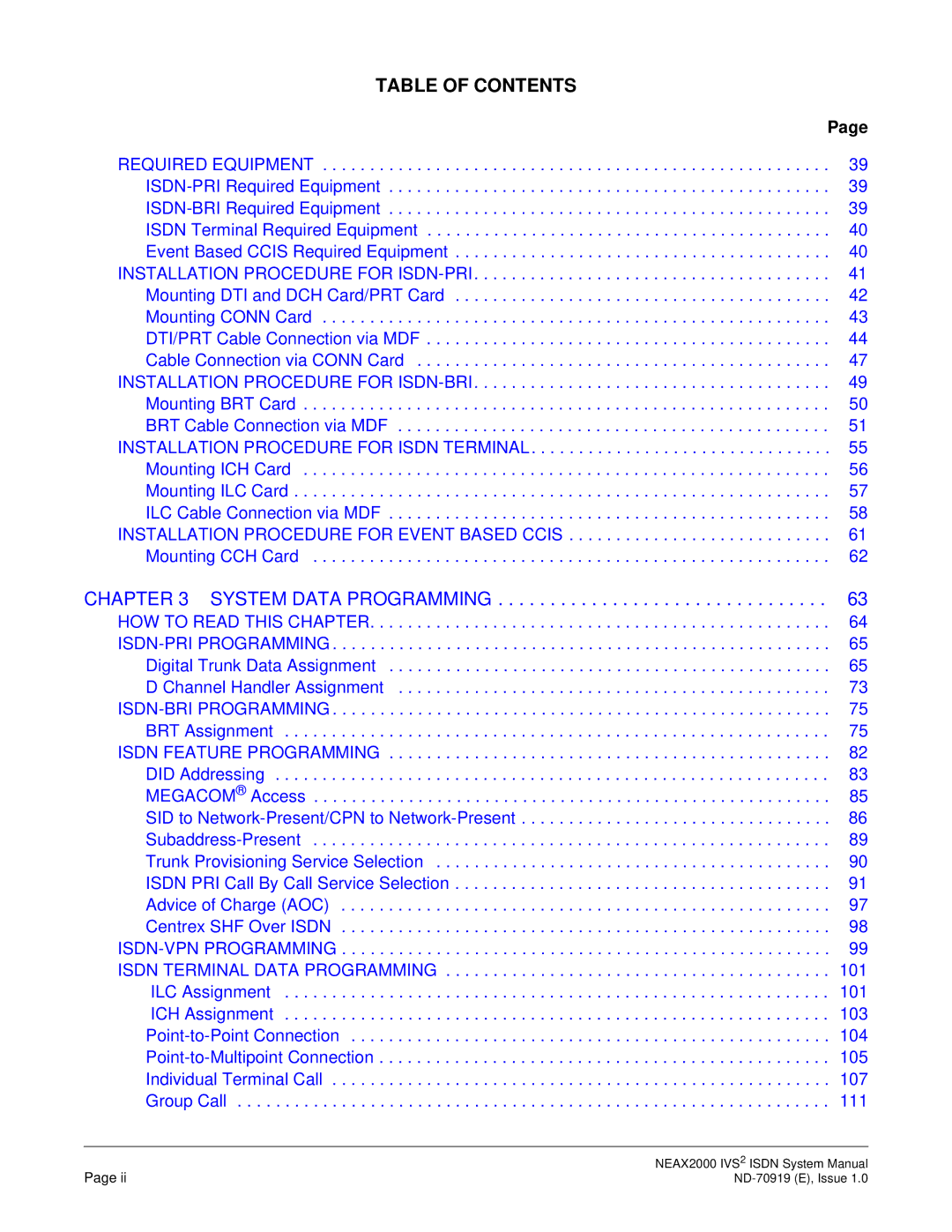 NEC ND-70919 system manual Table of Contents 