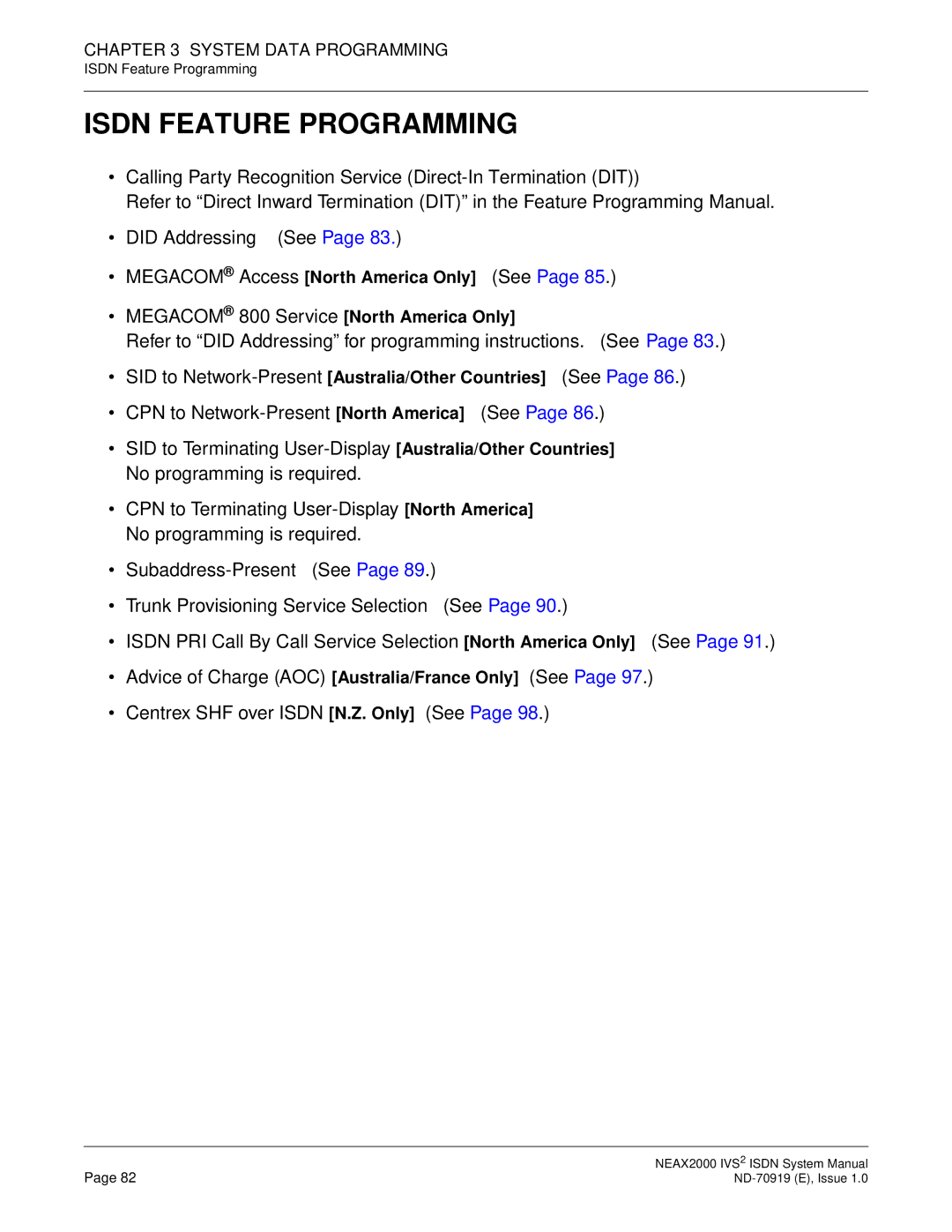 NEC ND-70919 system manual Isdn Feature Programming 