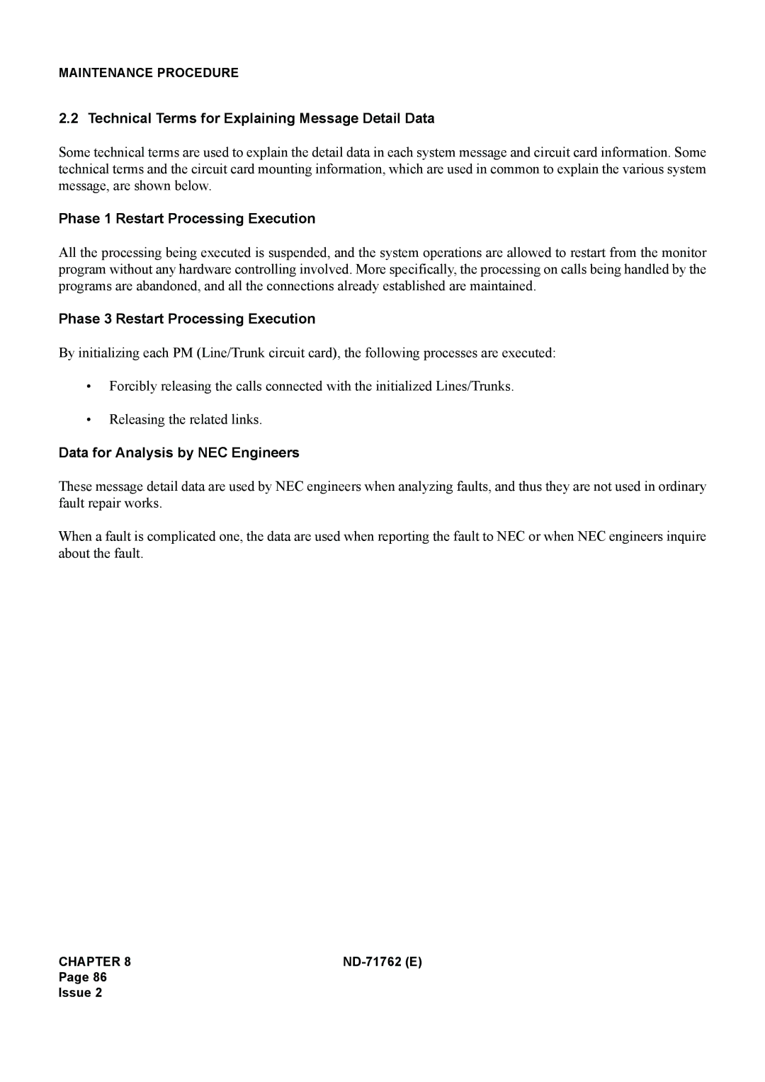 NEC ND-71762(E) system manual Technical Terms for Explaining Message Detail Data, Phase 1 Restart Processing Execution 