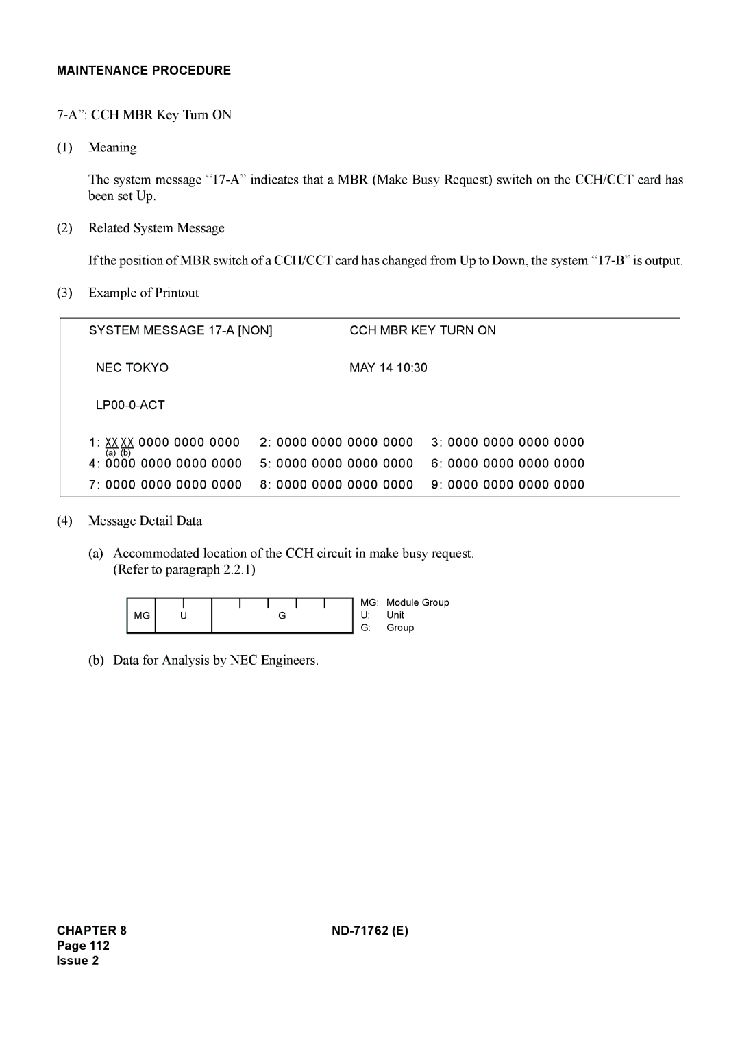 NEC ND-71762(E) system manual System Message 17-A NON CCH MBR KEY Turn on NEC Tokyo 