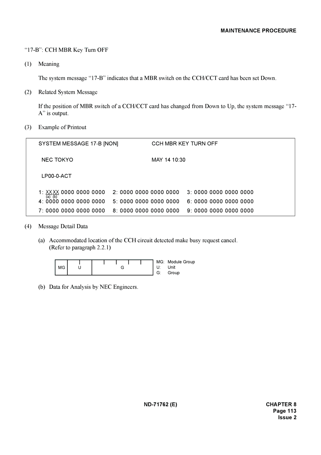 NEC ND-71762(E) system manual System Message 17-B NON CCH MBR KEY Turn OFF NEC Tokyo 