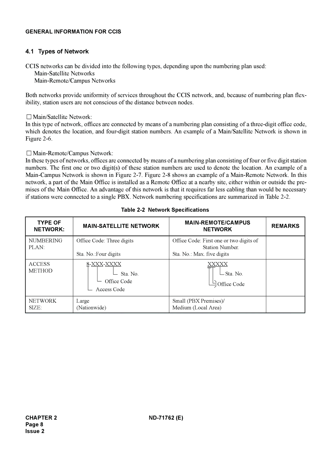 NEC ND-71762(E) system manual Types of Network, Type MAIN-SATELLITE Network MAIN-REMOTE/CAMPUS Remarks 