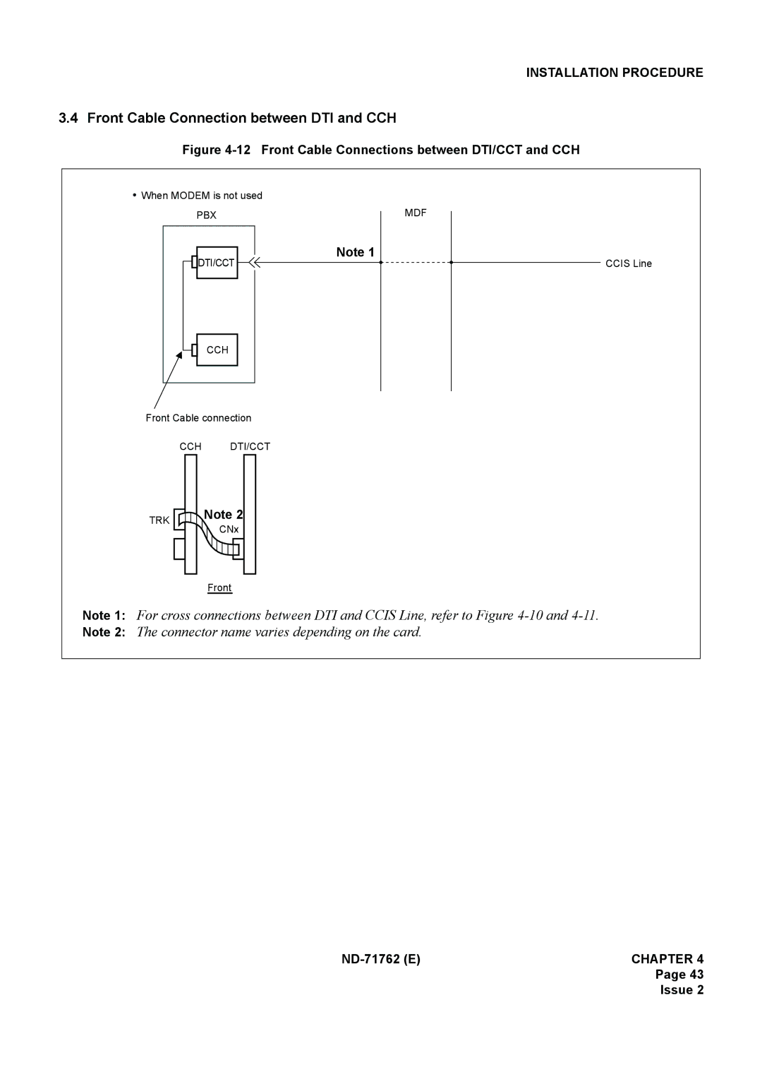 NEC ND-71762(E) system manual Front Cable Connection between DTI and CCH, Front Cable Connections between DTI/CCT and CCH 