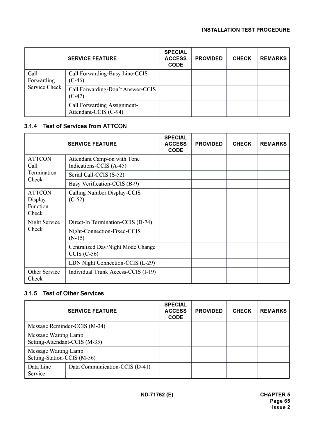 NEC ND-71762(E) system manual Test of Services from Attcon 