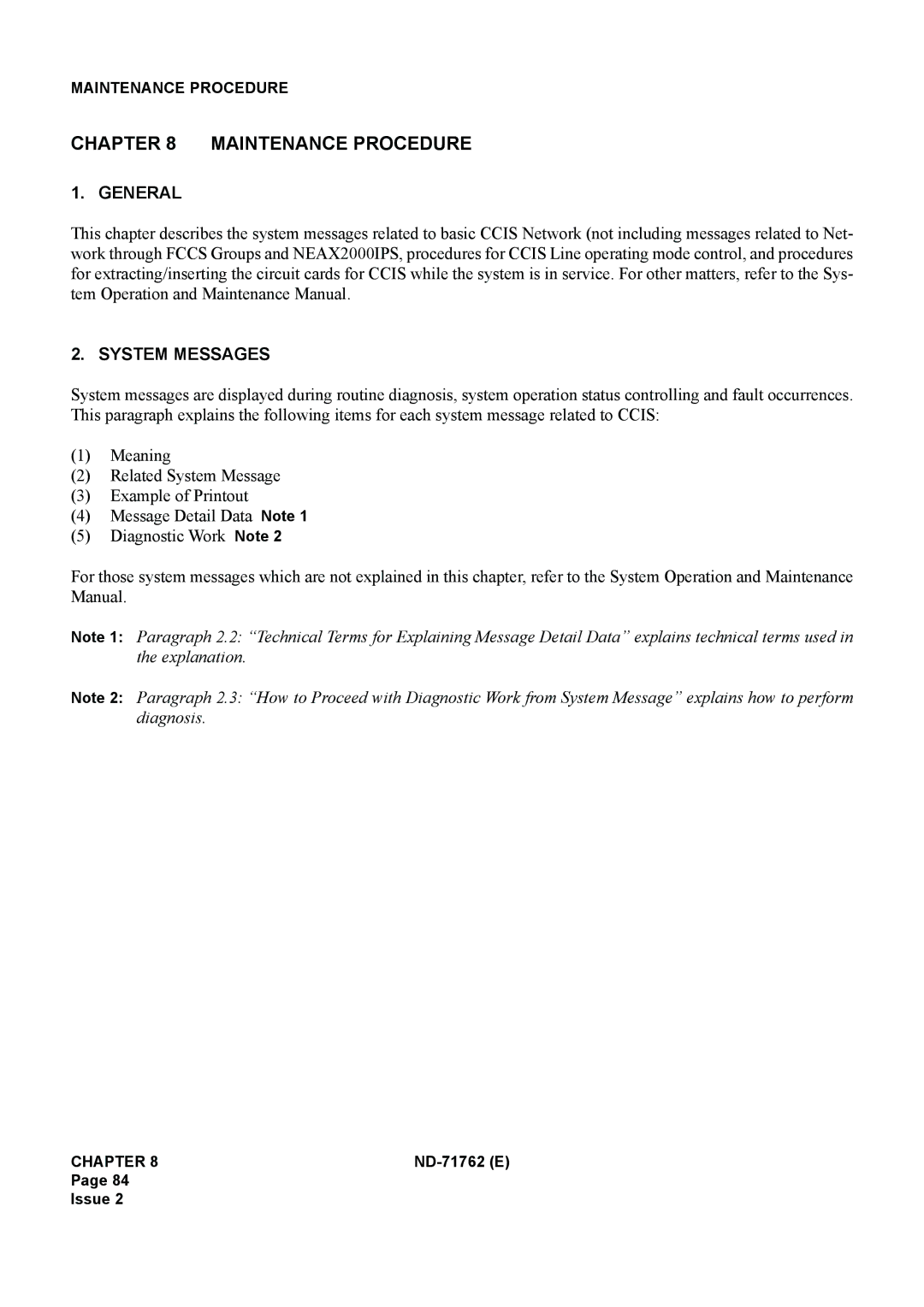 NEC ND-71762(E) system manual Maintenance Procedure, System Messages 