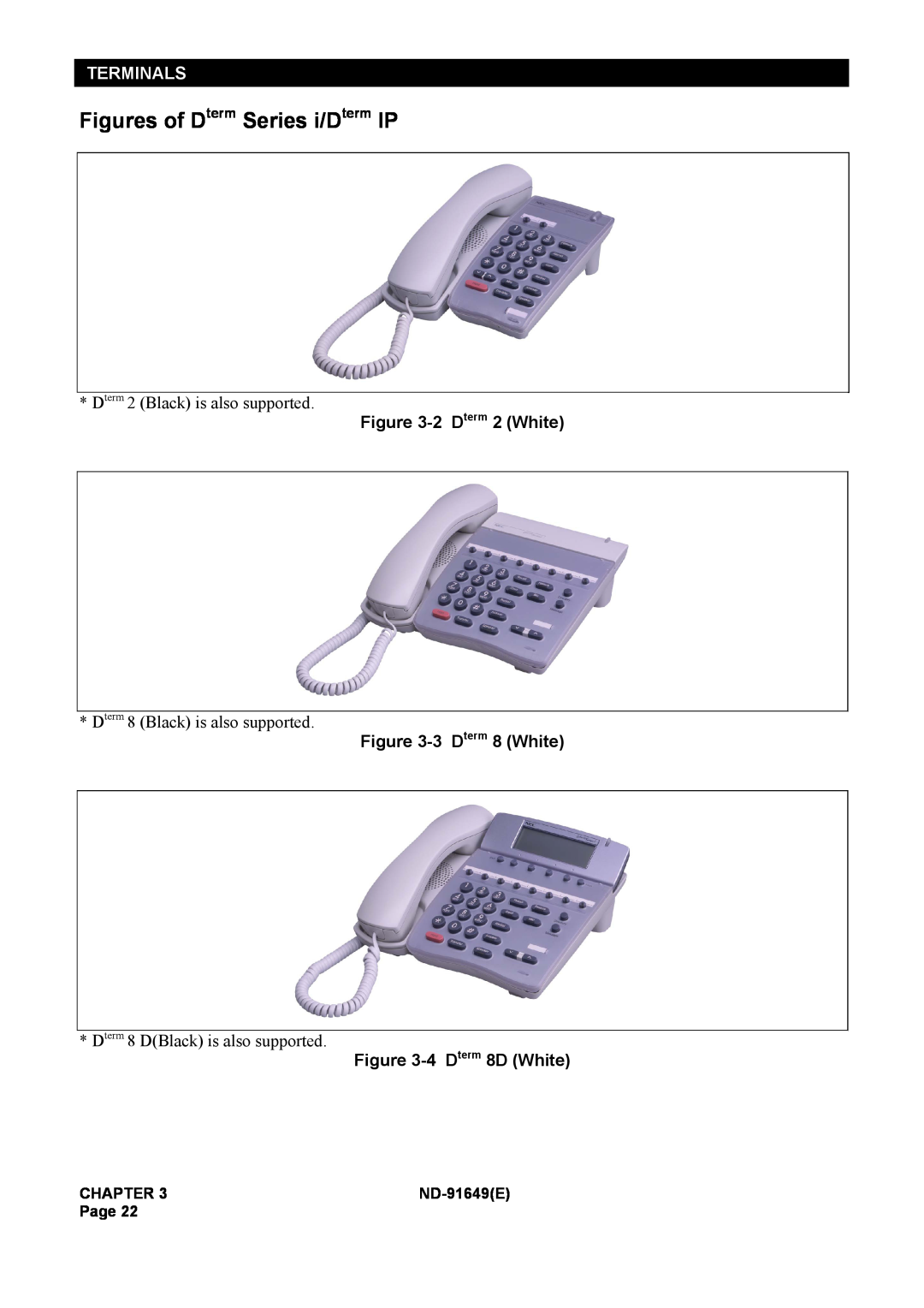 NEC ND-91649 Figures of Dterm Series i/Dterm IP, Terminals, 2 Dterm 2 White, 3 Dterm 8 White, 4 Dterm 8D White, Chapter 