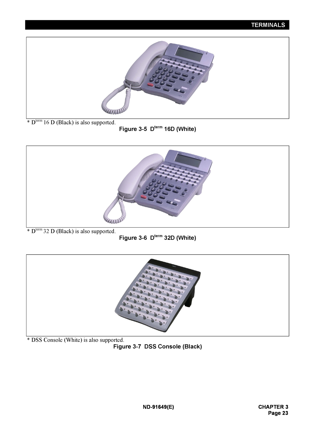 NEC manual Terminals, 5 Dterm 16D White, 6 Dterm 32D White, 7 DSS Console Black, ND-91649E, Chapter, Page 
