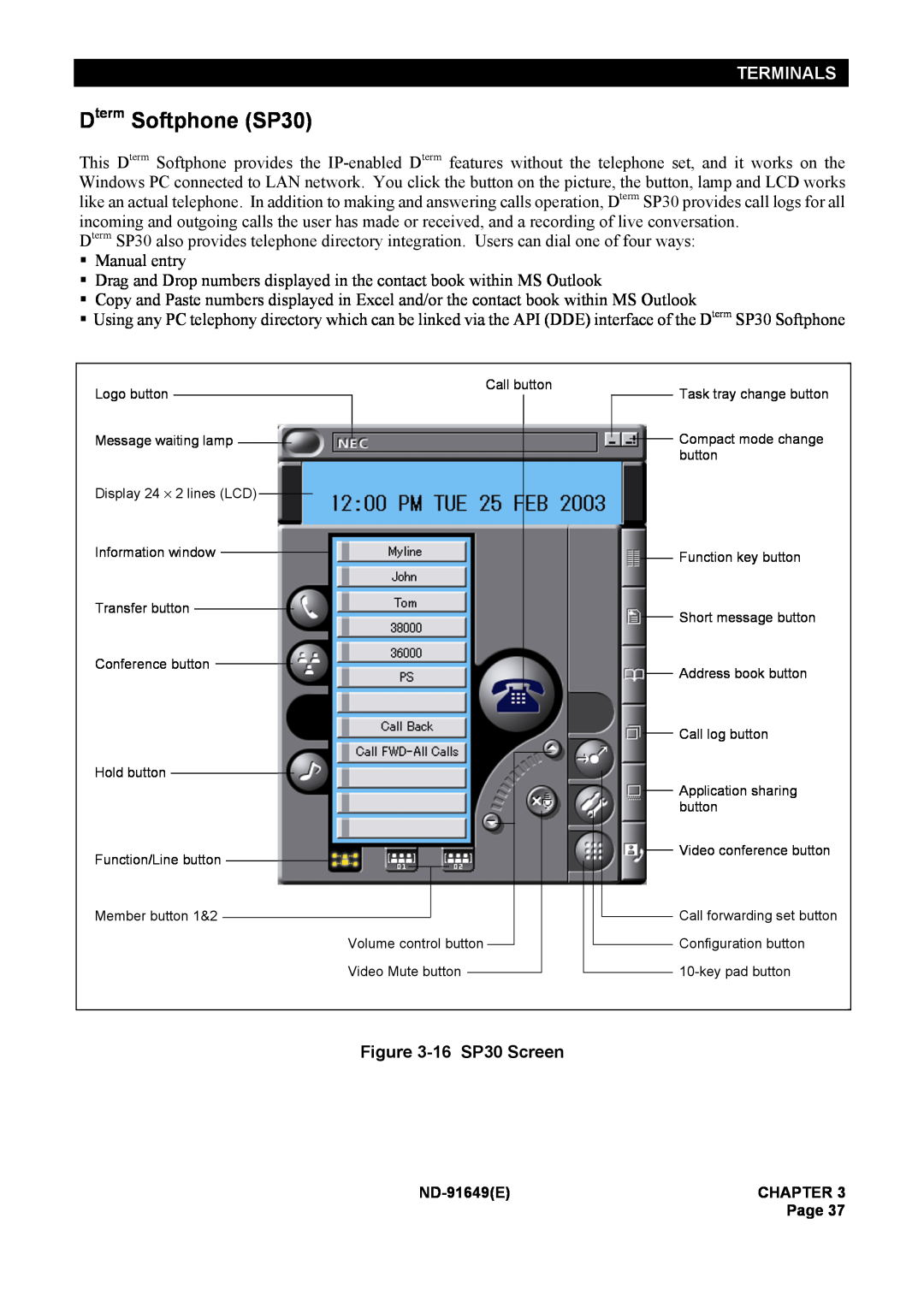 NEC ND-91649 manual Dterm Softphone SP30, Terminals, 16 SP30 Screen 