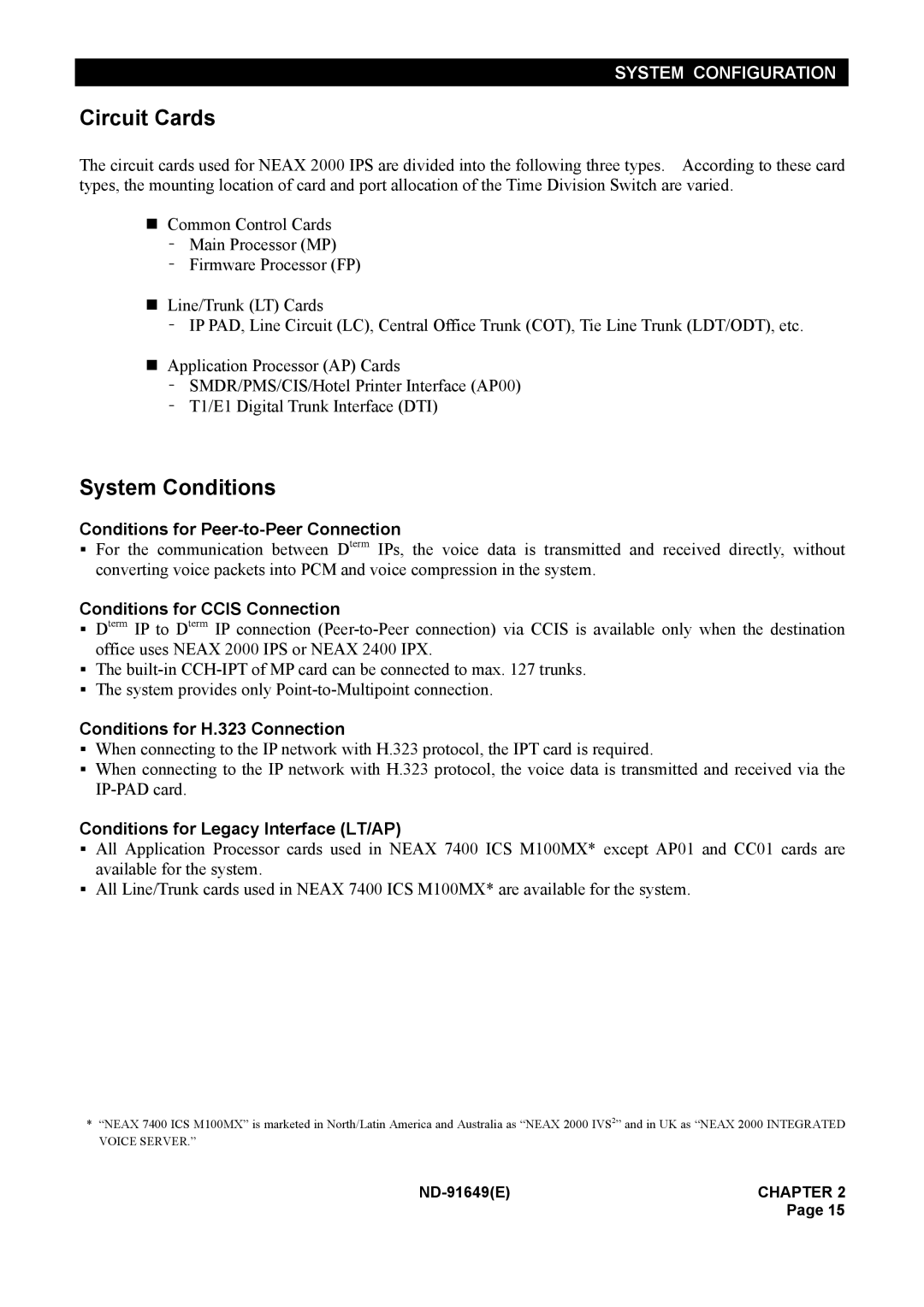 NEC ND-91649 manual Circuit Cards, System Conditions 