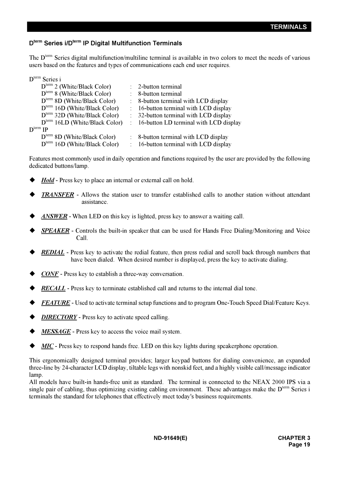 NEC ND-91649 manual Dterm Series i/Dterm IP Digital Multifunction Terminals 