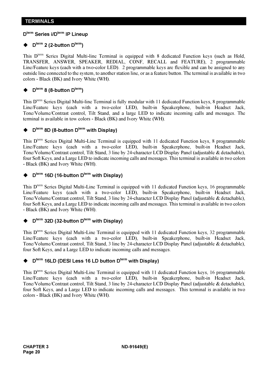 NEC ND-91649 manual Dterm Series i/Dterm IP Lineup Dterm 2 2-button Dterm, Dterm 8 8-button Dterm 