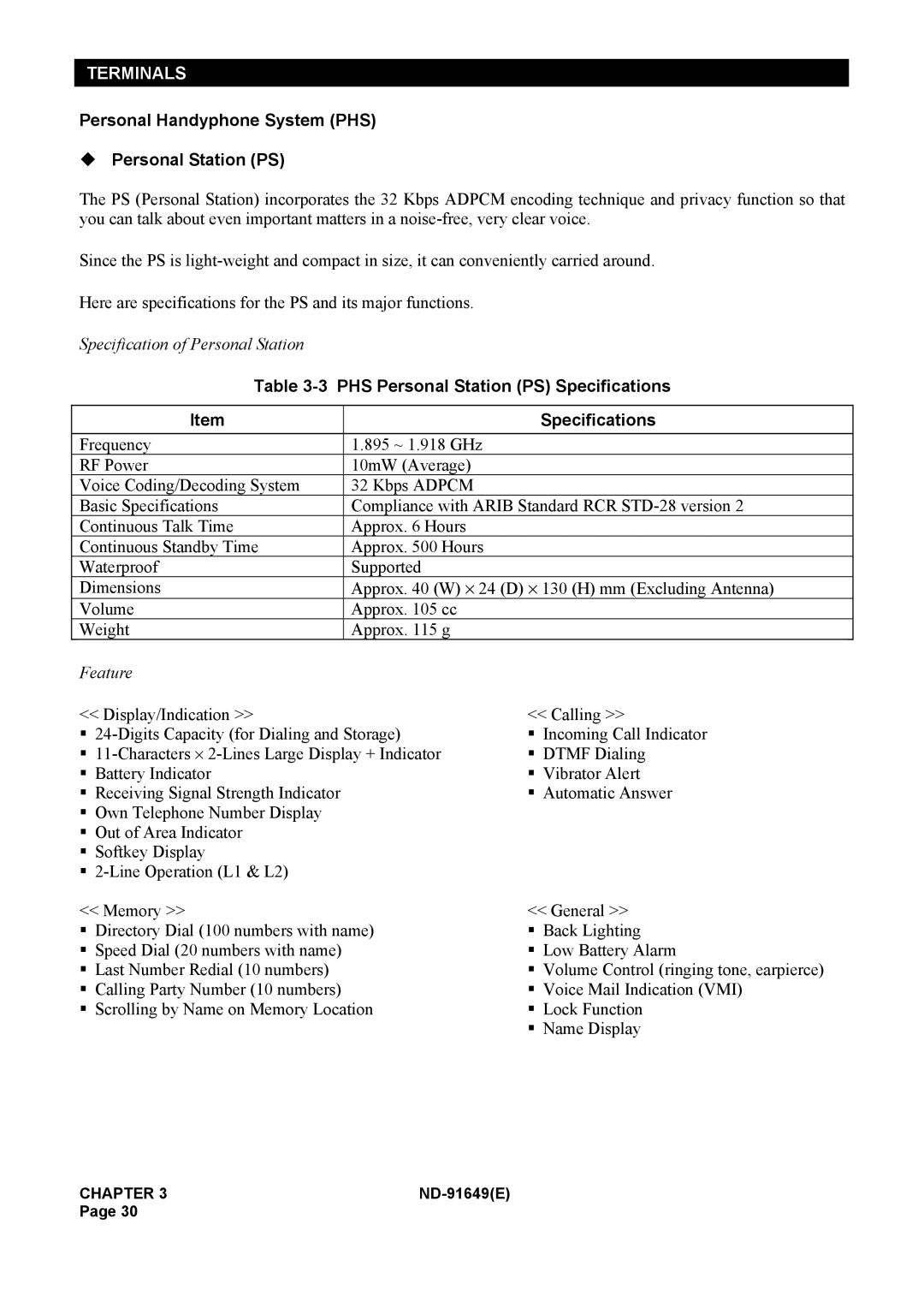 NEC ND-91649 manual Personal Handyphone System PHS Personal Station PS, PHS Personal Station PS Specifications 