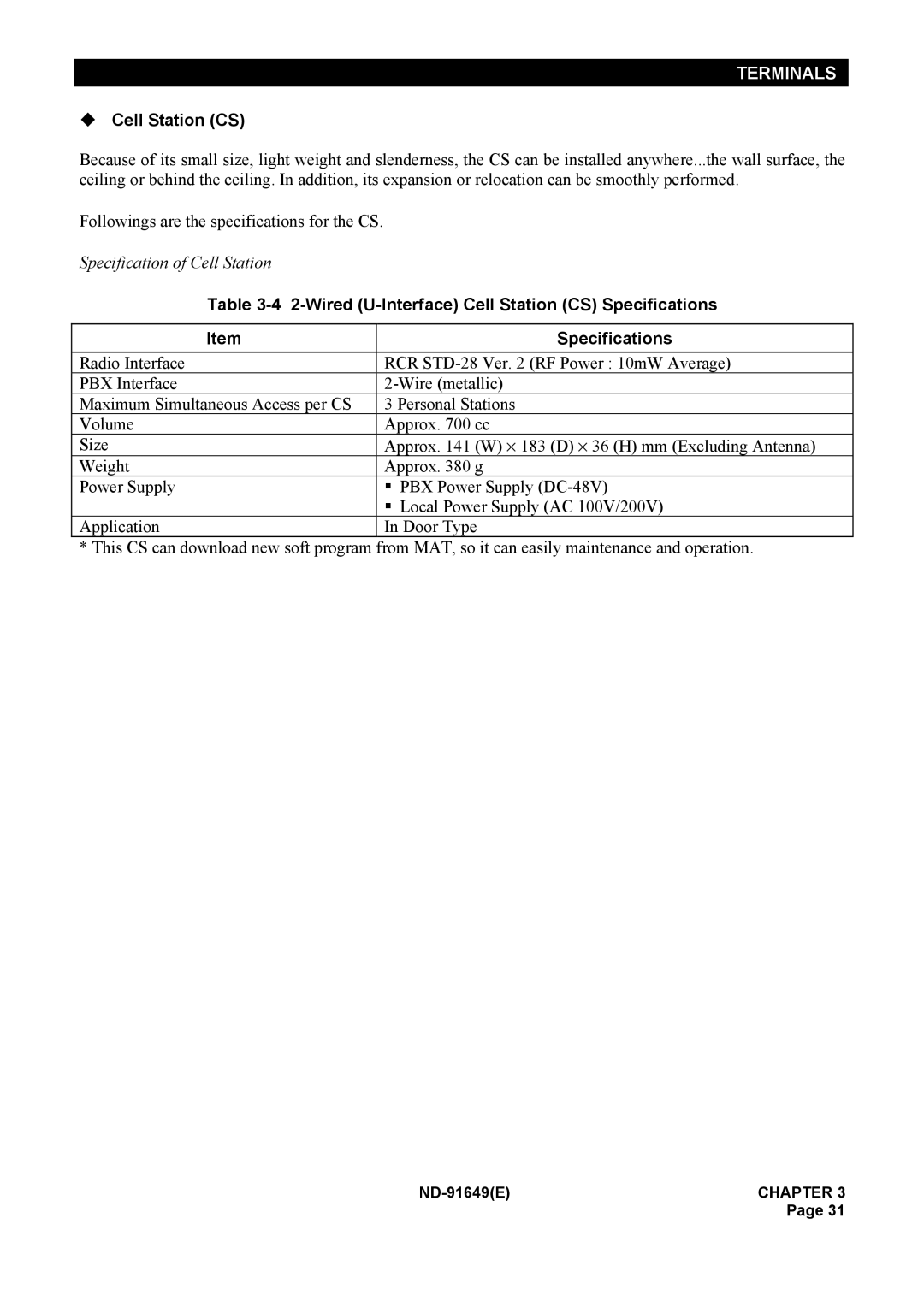 NEC ND-91649 manual Wired U-Interface Cell Station CS Specifications 