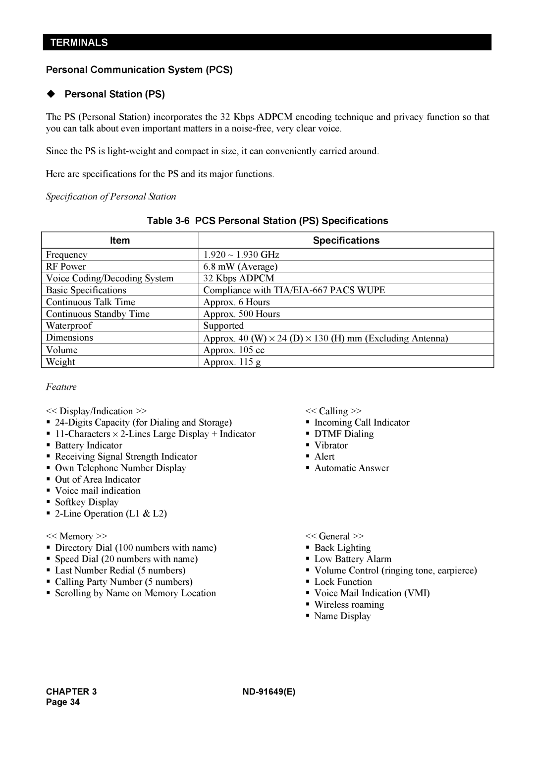 NEC ND-91649 manual Personal Communication System PCS Personal Station PS, PCS Personal Station PS Specifications 