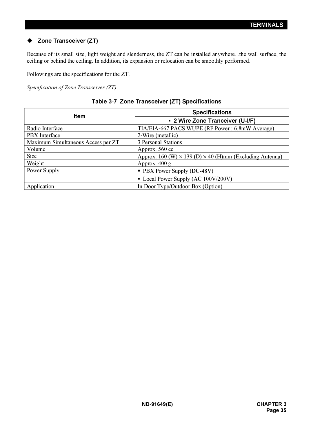 NEC ND-91649 manual Zone Transceiver ZT Specifications, Wire Zone Tranceiver U-I/F 