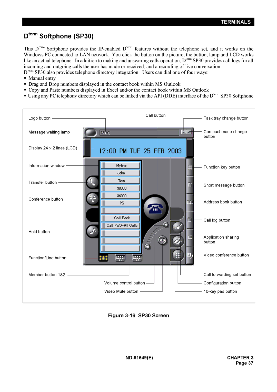 NEC ND-91649 manual Dterm Softphone SP30, 16 SP30 Screen 