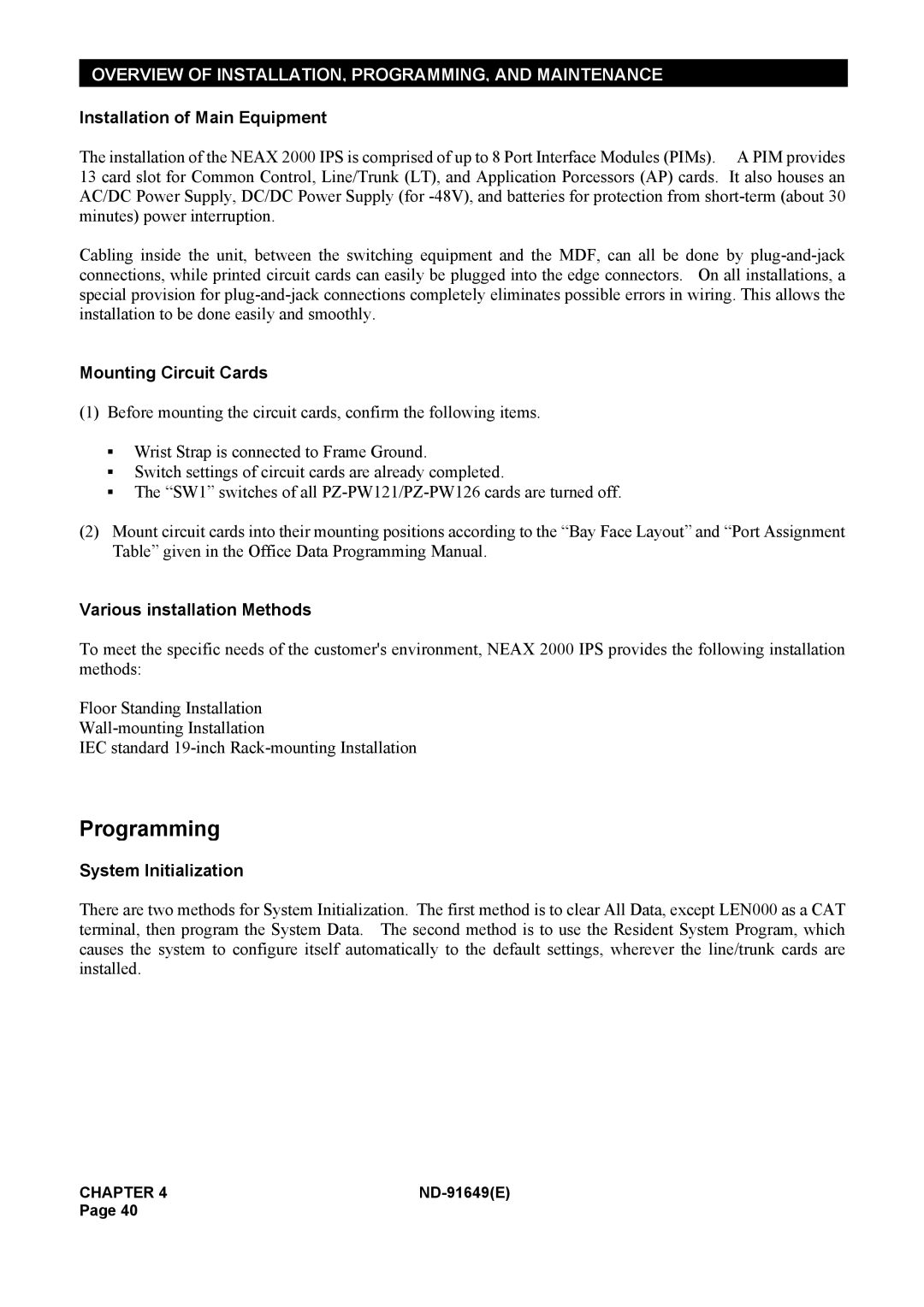 NEC ND-91649 manual Programming, Installation of Main Equipment, Mounting Circuit Cards, System Initialization 