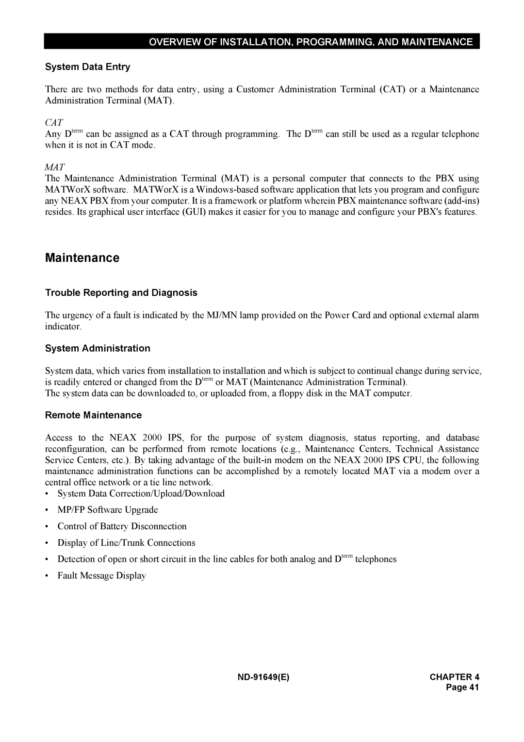 NEC ND-91649 manual System Data Entry, Trouble Reporting and Diagnosis, System Administration, Remote Maintenance 