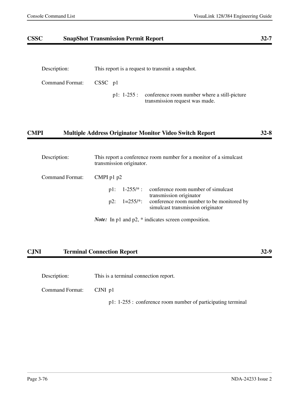 NEC NDA-24233 manual Cssc, SnapShot Transmission Permit Report 32-7, Cmpi, Cjni, Terminal Connection Report 32-9 