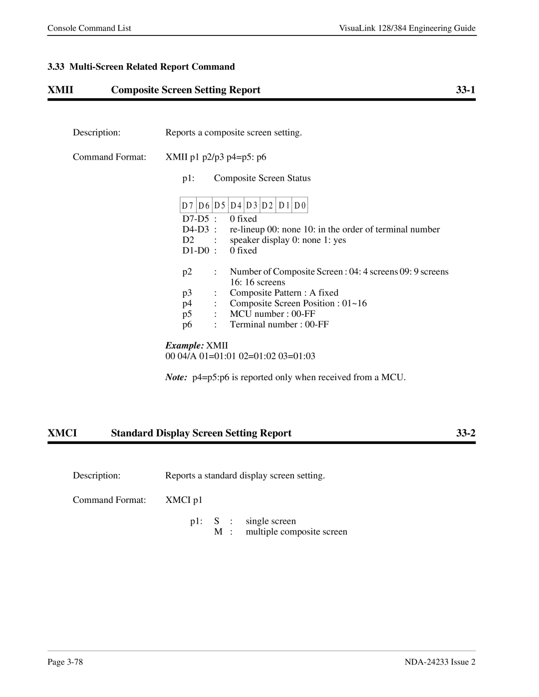 NEC NDA-24233 manual Xmii, Composite Screen Setting Report 33-1, Xmci, Standard Display Screen Setting Report 33-2 