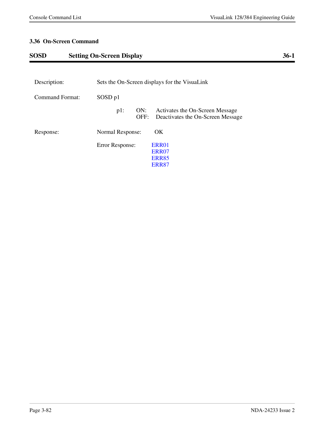 NEC NDA-24233 manual Sosd, Setting On-Screen Display 36-1, On-Screen Command 