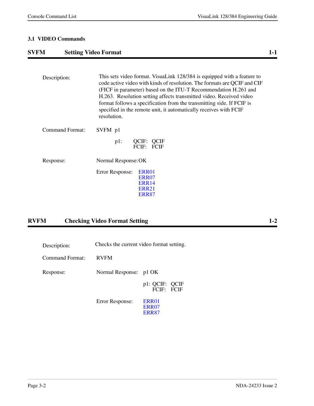 NEC NDA-24233 manual Svfm, Setting Video Format, Rvfm, Checking Video Format Setting, Video Commands 