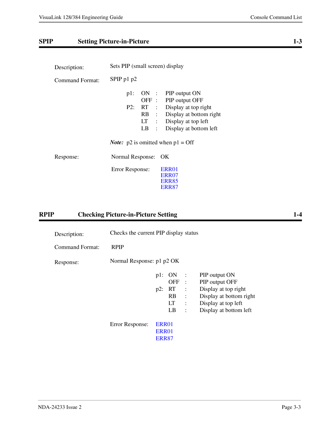 NEC NDA-24233 manual Spip, Setting Picture-in-Picture, Rpip, Checking Picture-in-Picture Setting 