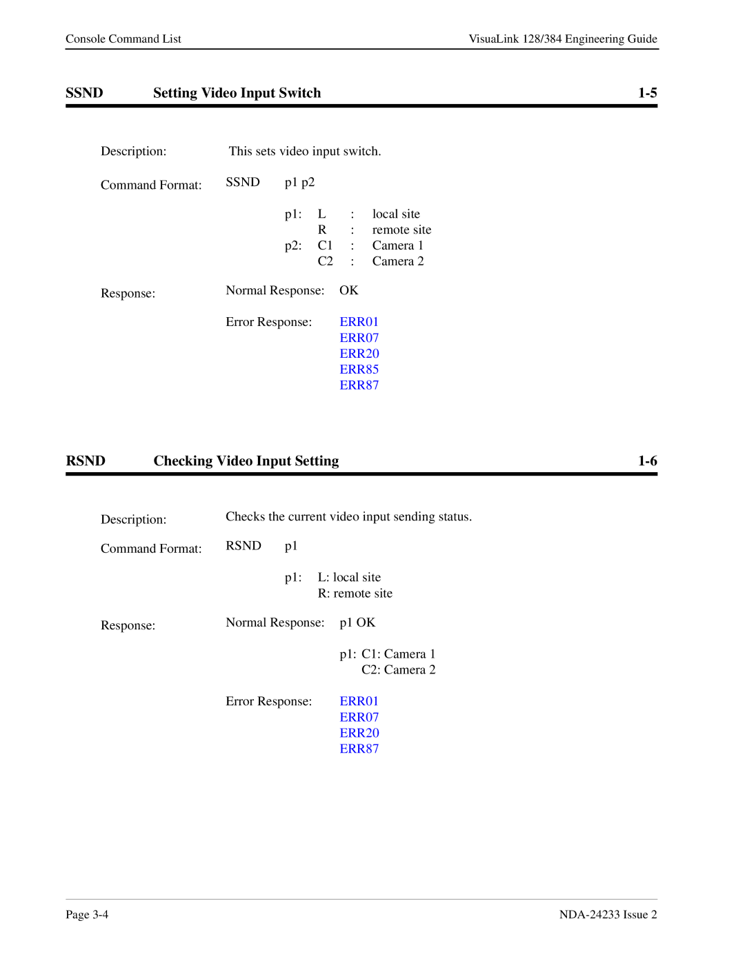 NEC NDA-24233 manual Ssnd, Setting Video Input Switch, Rsnd, Checking Video Input Setting 