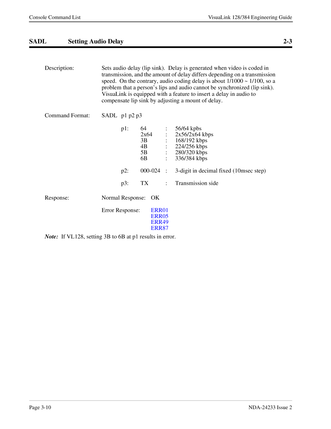 NEC NDA-24233 manual Sadl, Setting Audio Delay 