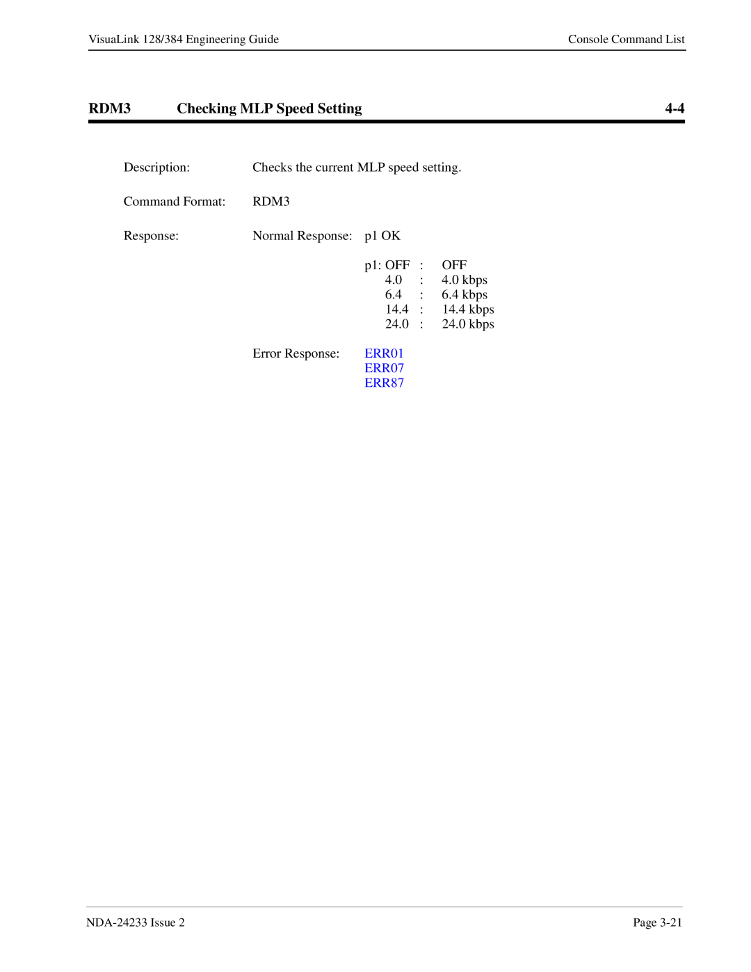 NEC NDA-24233 manual RDM3, Checking MLP Speed Setting 