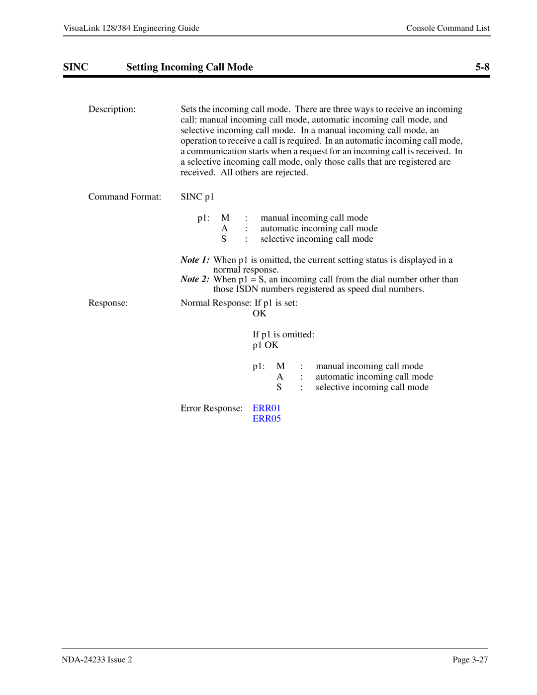 NEC NDA-24233 manual Sinc, Setting Incoming Call Mode 