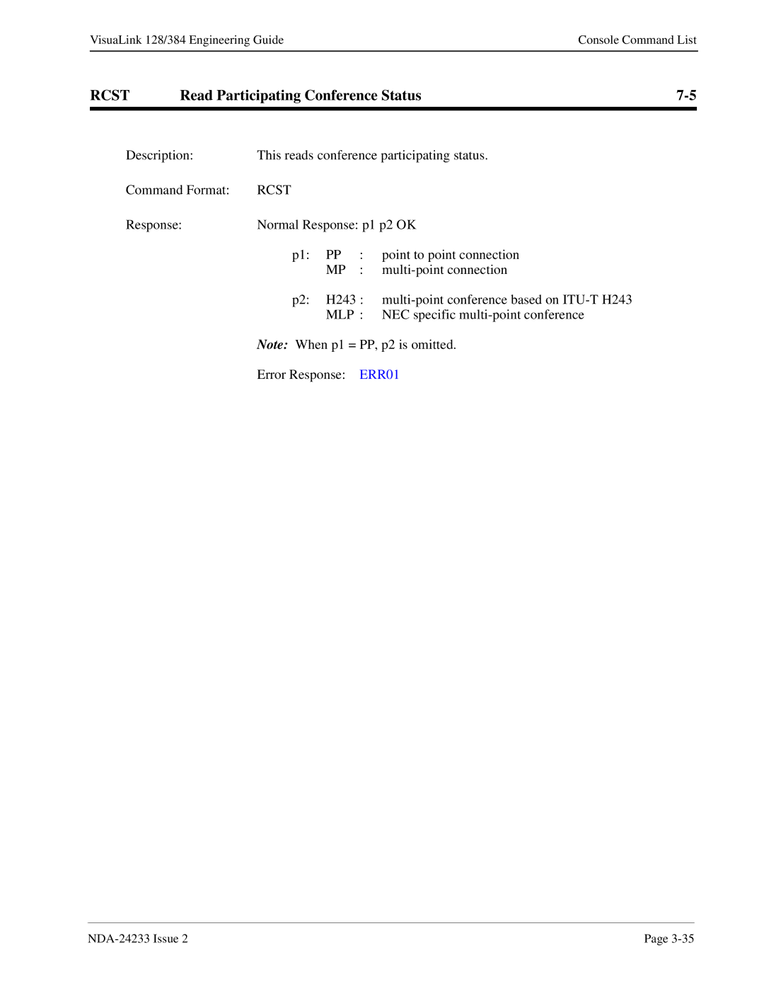 NEC NDA-24233 manual Rcst, Read Participating Conference Status, Mlp 