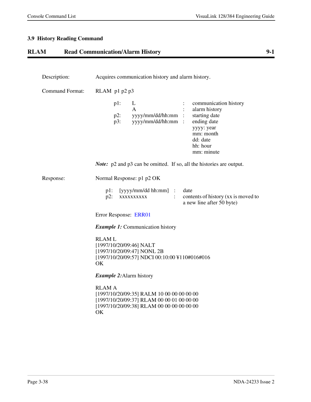 NEC NDA-24233 manual Read Communication/Alarm History, Rlam a 