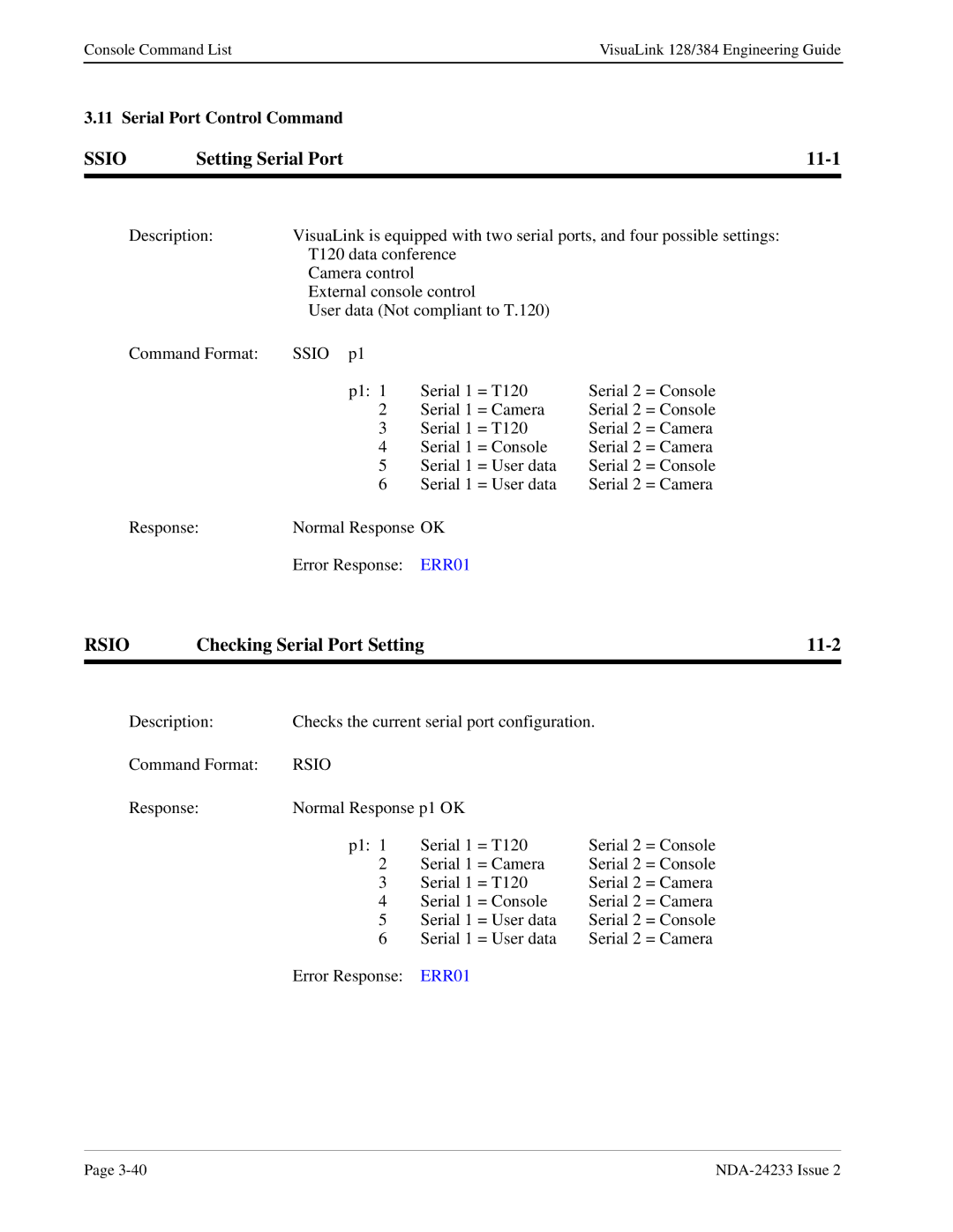 NEC NDA-24233 manual Ssio, Setting Serial Port 11-1, Rsio, Checking Serial Port Setting 11-2 