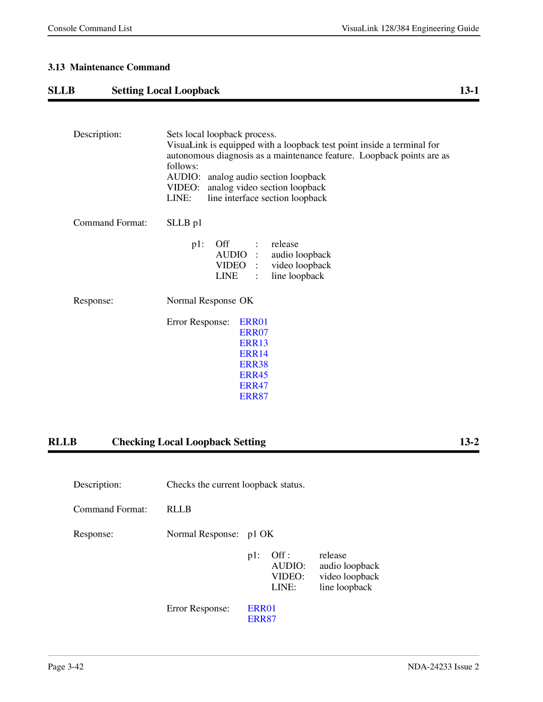 NEC NDA-24233 manual Sllb, Setting Local Loopback 13-1, Rllb, Checking Local Loopback Setting 13-2 