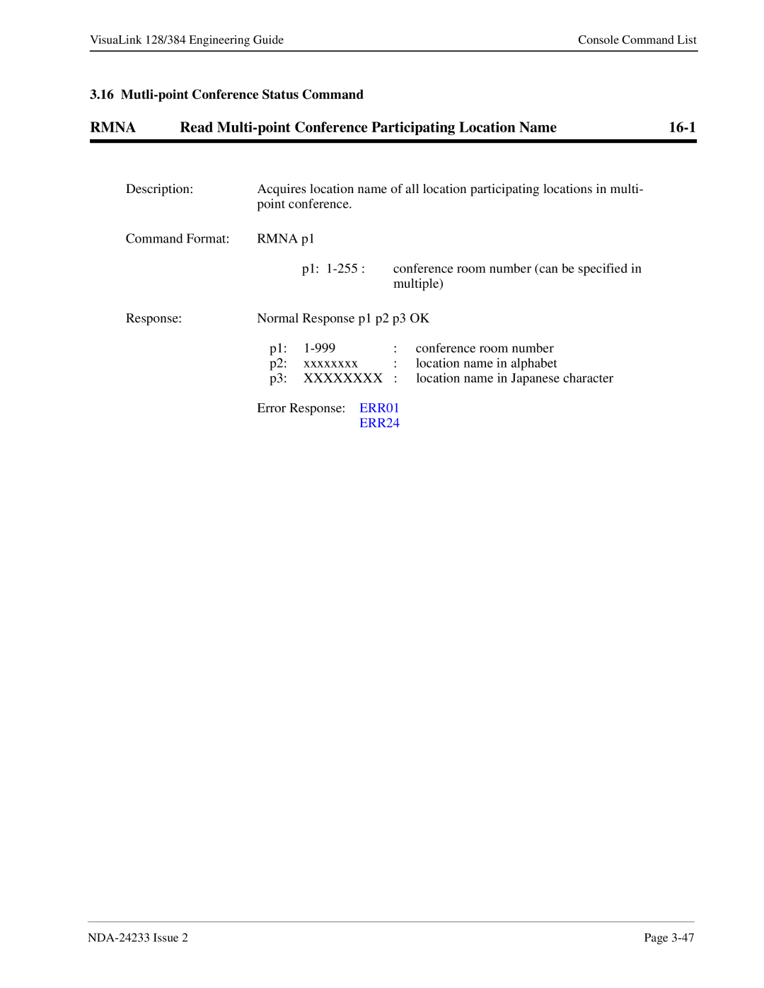 NEC NDA-24233 manual Rmna, Mutli-point Conference Status Command, Xxxxxxxx 