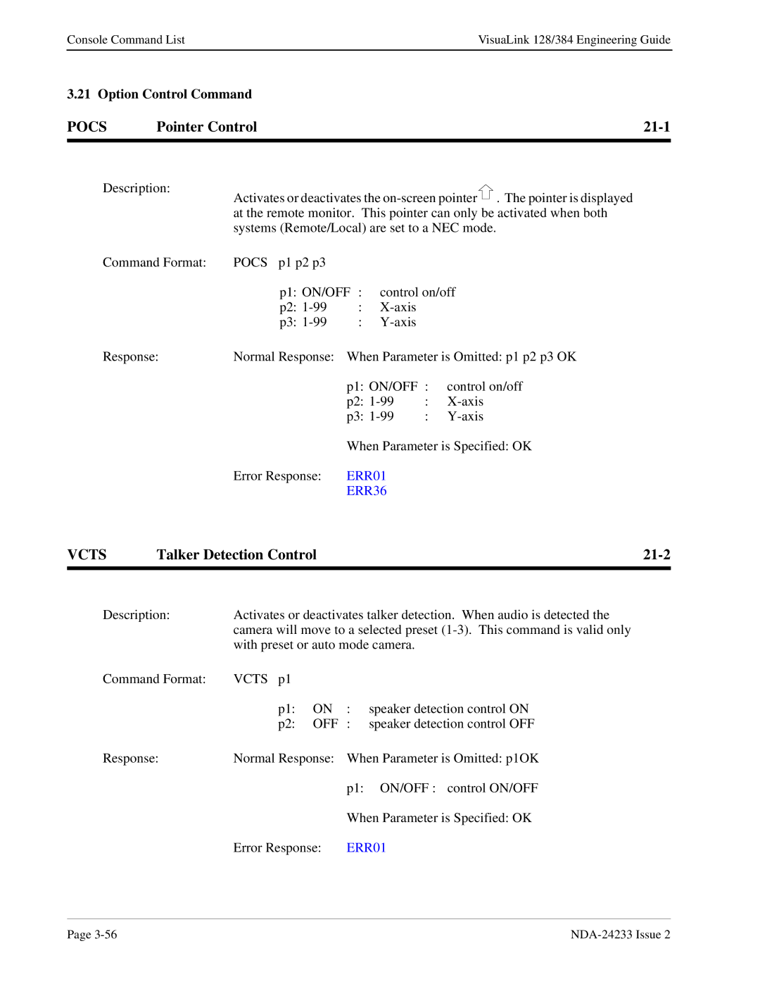 NEC NDA-24233 manual Pocs, Pointer Control 21-1, Vcts, Talker Detection Control 21-2 