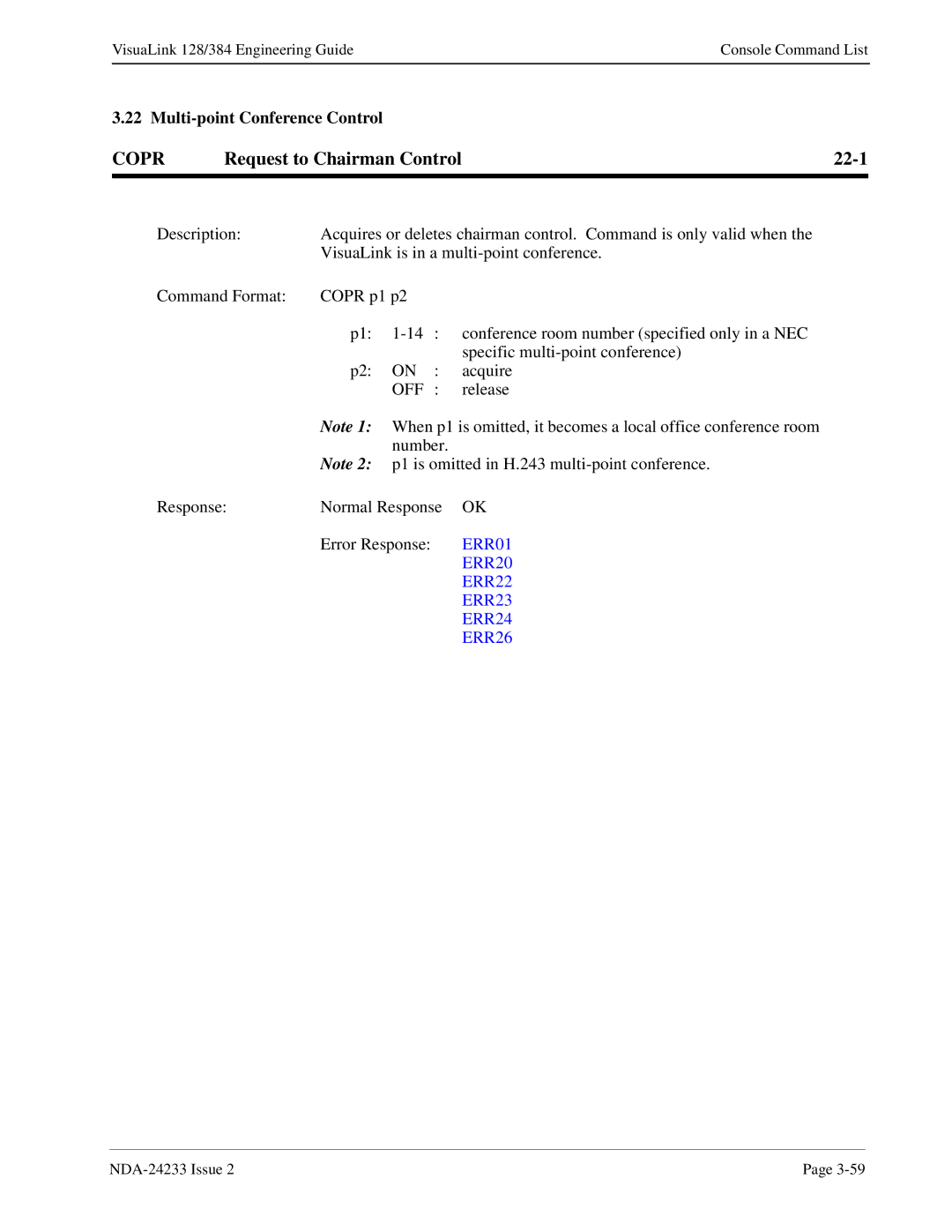 NEC NDA-24233 manual Copr, Request to Chairman Control 22-1 