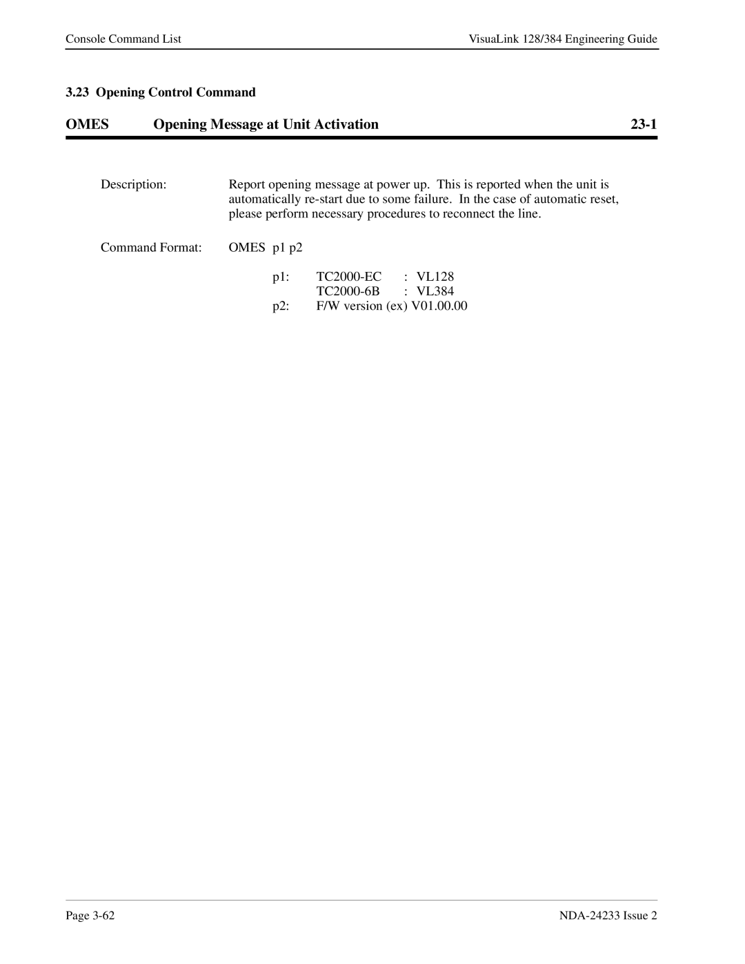 NEC NDA-24233 manual Omes, Opening Message at Unit Activation 23-1, Opening Control Command 