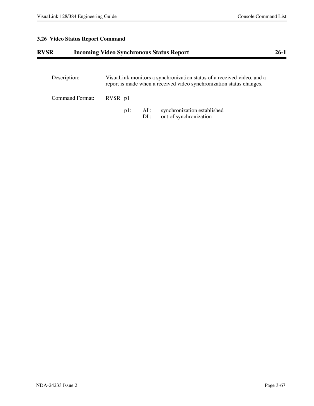 NEC NDA-24233 manual Rvsr, Incoming Video Synchronous Status Report 26-1 