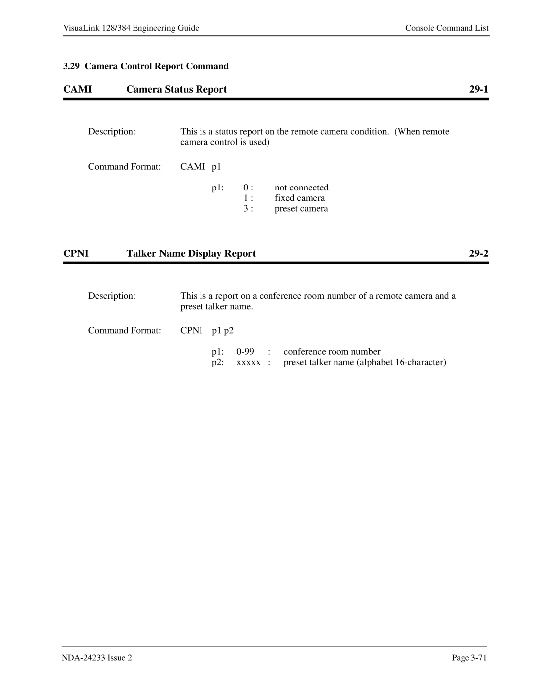 NEC NDA-24233 manual Cami, Camera Status Report 29-1, Cpni, Talker Name Display Report 29-2 