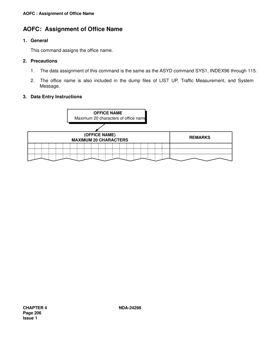 NEC NDA-24298 manual Aofc Assignment of Office Name, This command assigns the office name 