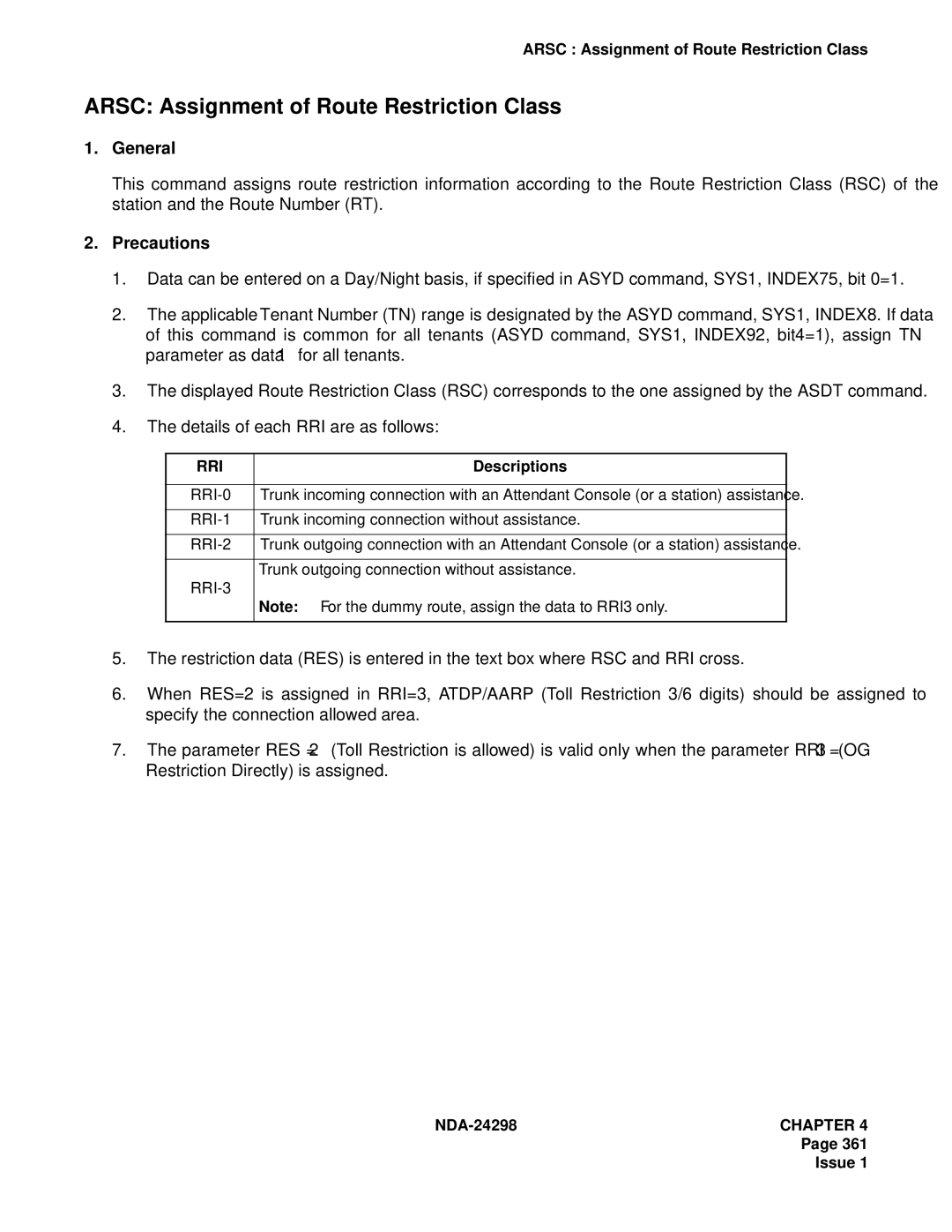 NEC NDA-24298 manual Arsc Assignment of Route Restriction Class, Rri, Descriptions 