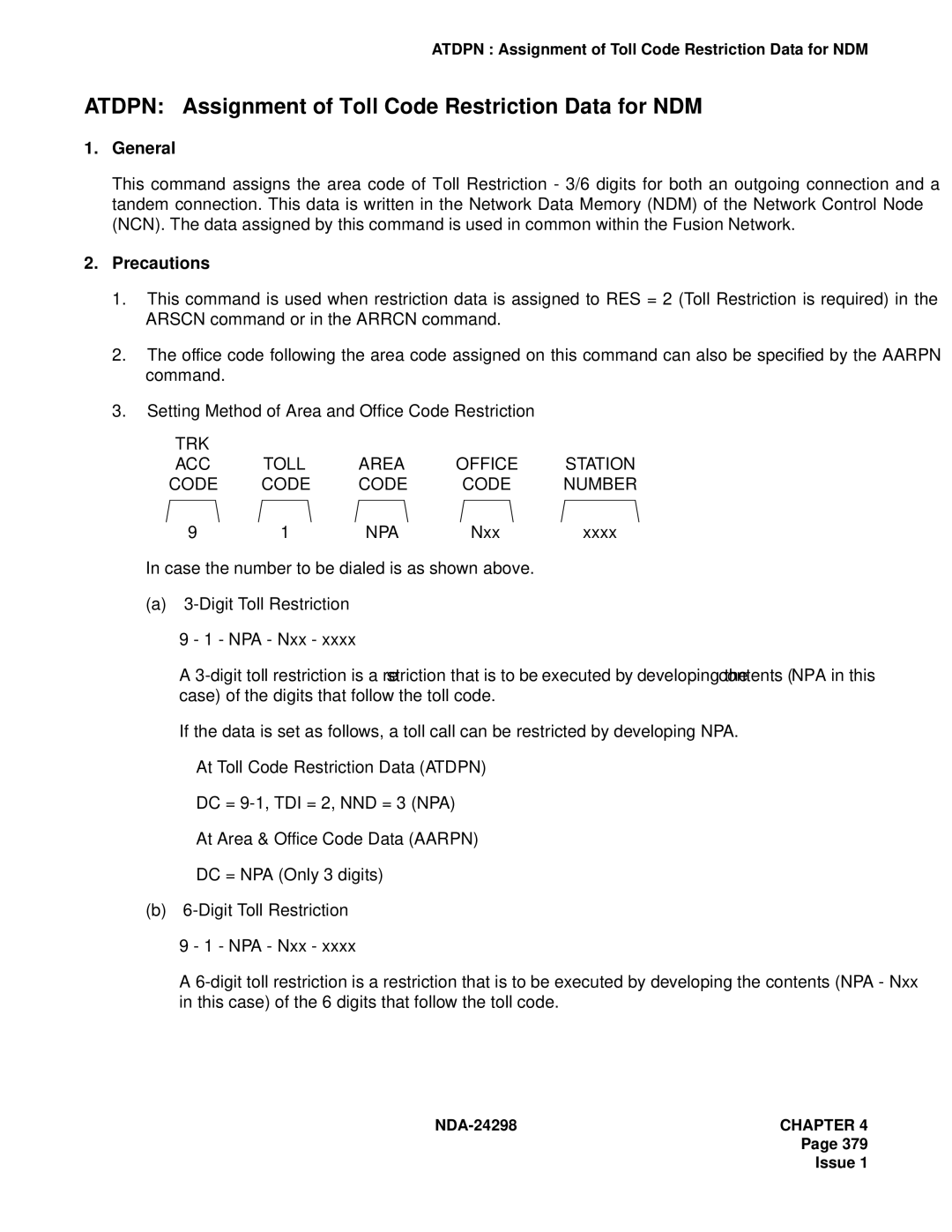 NEC NDA-24298 manual Atdpn Assignment of Toll Code Restriction Data for NDM 