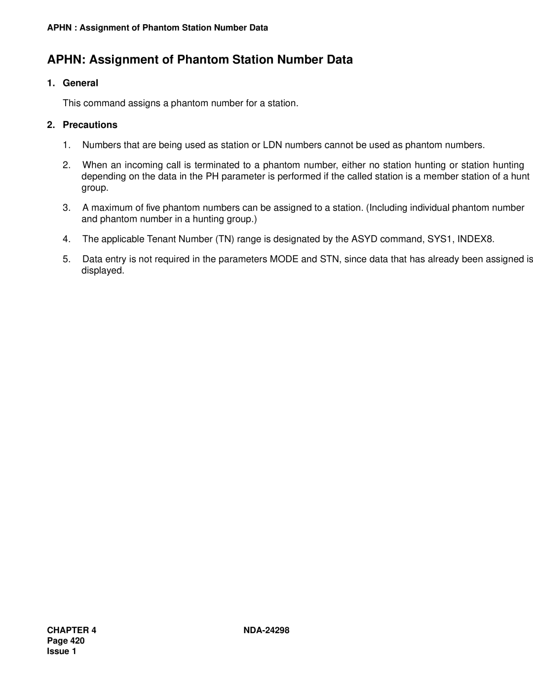 NEC NDA-24298 manual Aphn Assignment of Phantom Station Number Data, This command assigns a phantom number for a station 