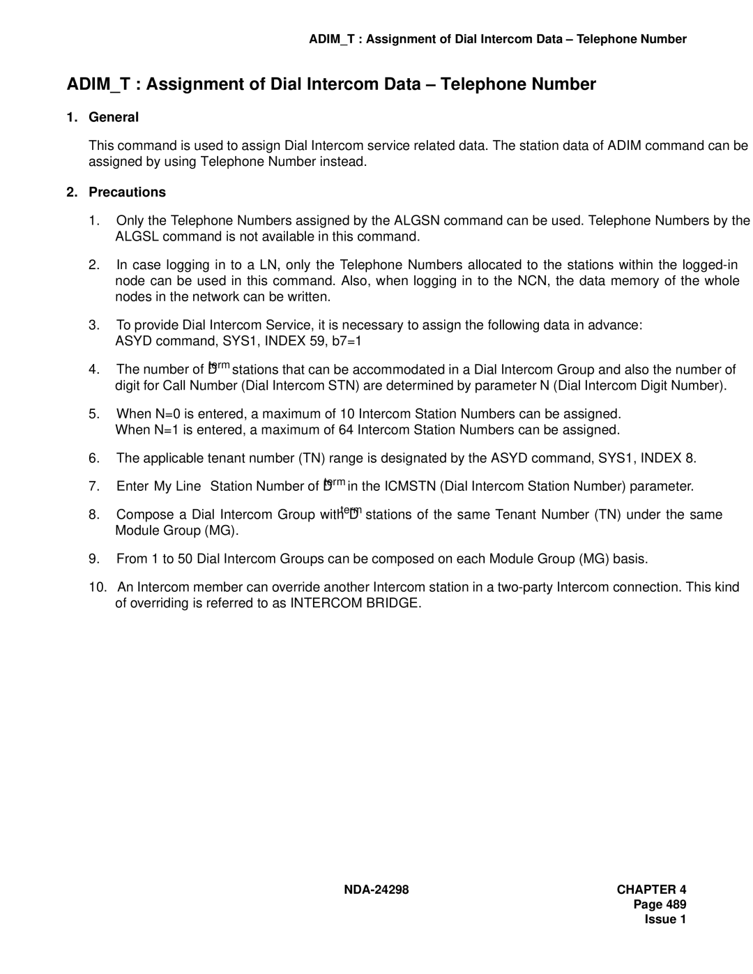 NEC NDA-24298 manual Adimt Assignment of Dial Intercom Data Telephone Number 